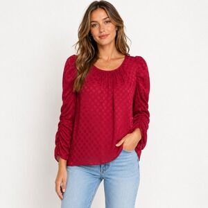 Max Studio Blouse Medium Red Polka Dot Ruched Sleeve Scoop Neck Jacquard Top
